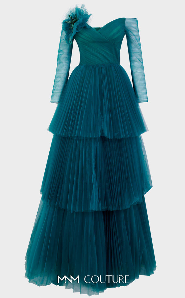 MNM Couture N0342 off-shoulder tiered gown with ruched bodice and large floral embellishments. | Couture Shop LA