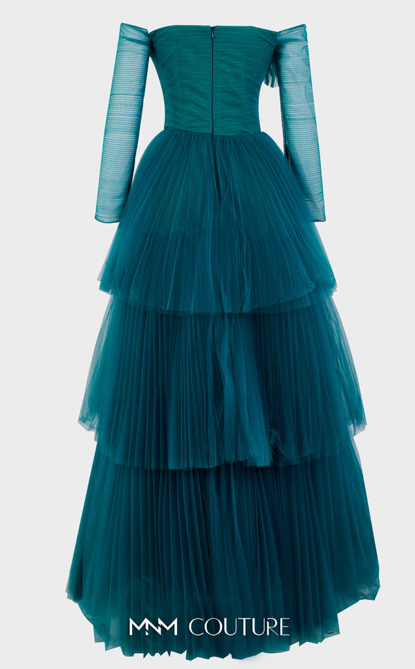 MNM Couture N0342 off-shoulder tiered gown with ruched bodice and large floral embellishments. | Couture Shop LA