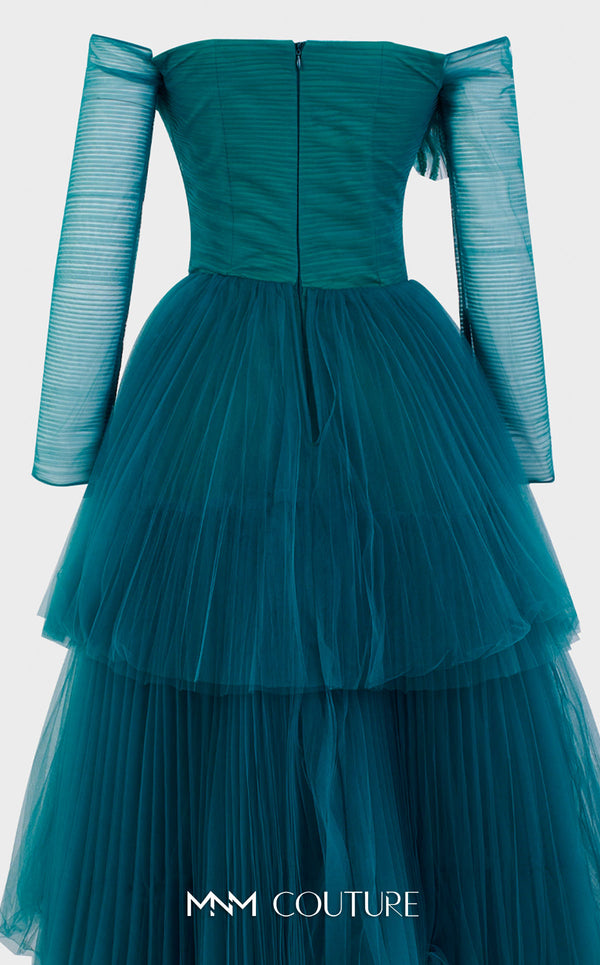 MNM Couture N0342 off-shoulder tiered gown with ruched bodice and large floral embellishments. | Couture Shop LA