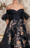 MNM Couture N0354 off-shoulder gown with embroidered floral skirt and ruffled sheer sleeves. | Couture Shop LA