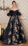 MNM Couture N0354 off-shoulder gown with embroidered floral skirt and ruffled sheer sleeves. | Couture Shop LA