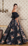 MNM Couture N0354 off-shoulder gown with embroidered floral skirt and ruffled sheer sleeves. | Couture Shop LA