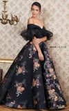 MNM Couture N0354 off-shoulder gown with embroidered floral skirt and ruffled sheer sleeves. | Couture Shop LA