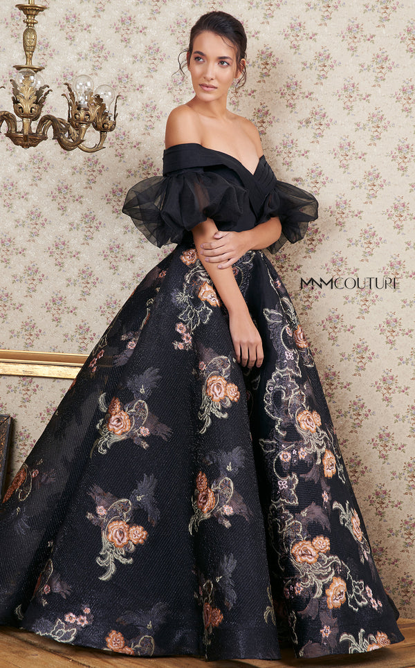 MNM Couture N0354 off-shoulder gown with embroidered floral skirt and ruffled sheer sleeves. | Couture Shop LA