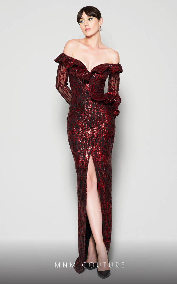 MNM Couture N0363 off-shoulder sheath gown with ruffles, embellishments, and sheer sleeves. | Couture Shop LA