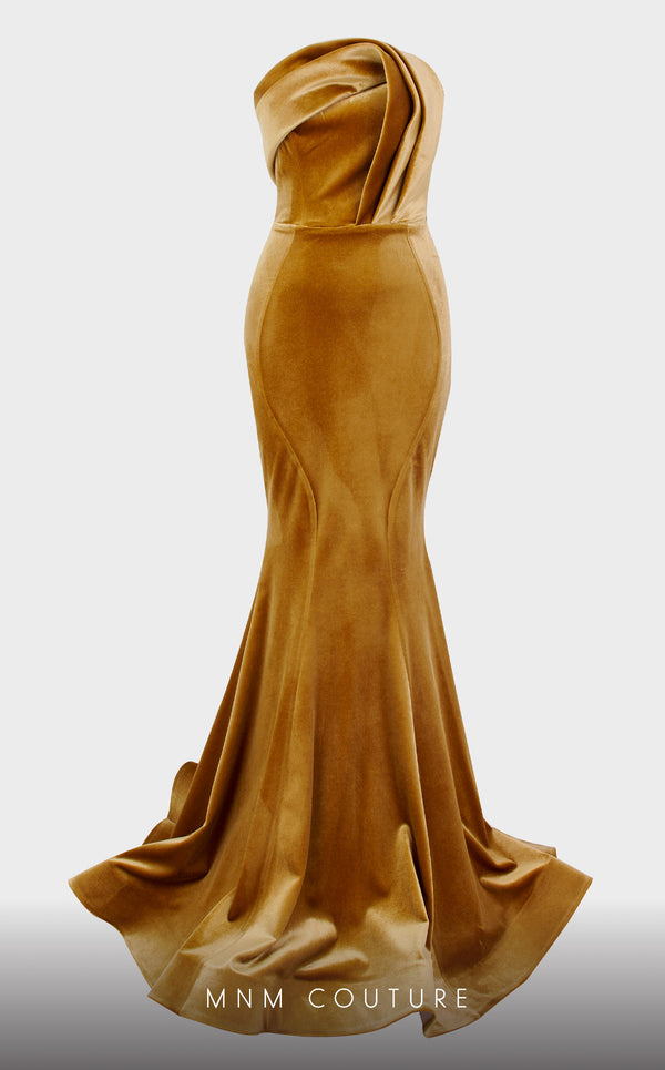MNM Couture N0450 strapless velvet mermaid gown with a folded bodice and court train. | Couture Shop LA