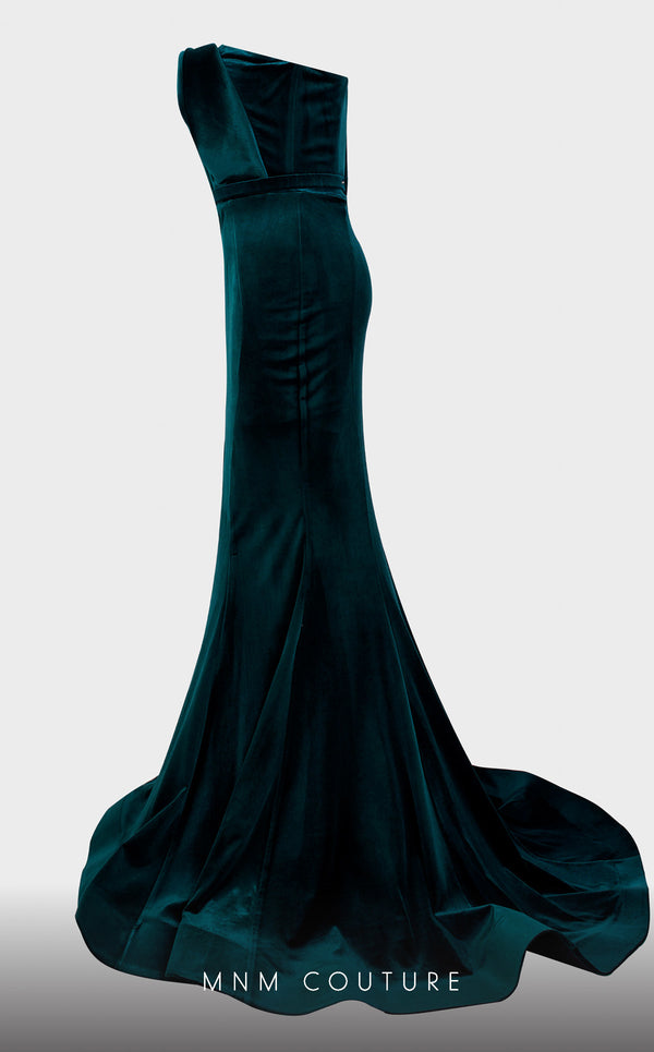 MNM Couture N0450 strapless velvet mermaid gown with a folded bodice and court train. | Couture Shop LA