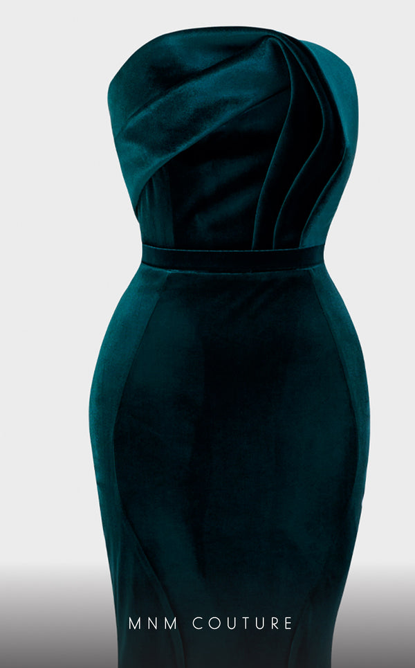 MNM Couture N0450 strapless velvet mermaid gown with a folded bodice and court train. | Couture Shop LA