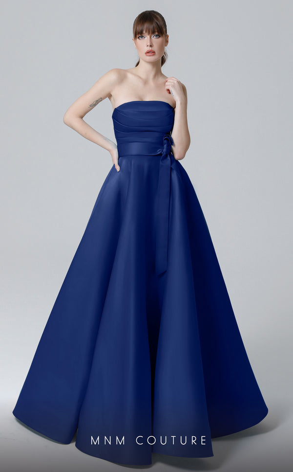 MNM Couture N0452 purple and indigo A-line gown with ribbon waistband and elegant bodice | Couture Shop LA