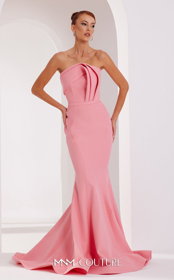 MNM Couture N0465 strapless mermaid gown with crumbcatcher bodice and sweep train. | Couture Shop LA