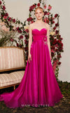 Chiffon A-line evening gown with floral embellishments, sweetheart neckline, and a flowing train. | Couture Shop LA