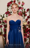 Chiffon A-line evening gown with floral embellishments, sweetheart neckline, and a flowing train. | Couture Shop LA