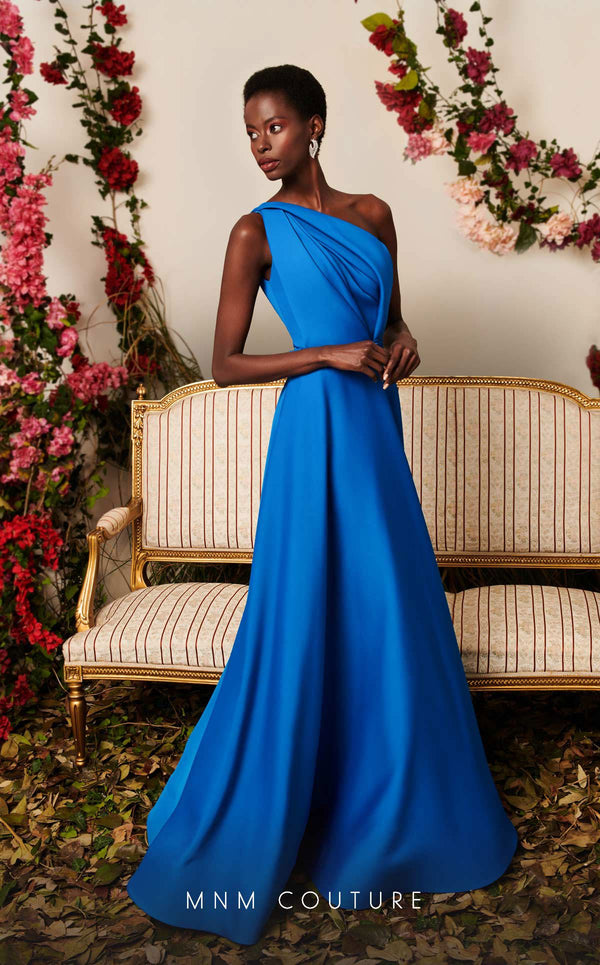 Crepe A-line evening gown with one-shoulder structure, sleek silhouette, and defined waistline. | Couture Shop LA