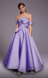 Mikado A-line midi dress with off-shoulder design and ruched detailing for stylish occasions. | Couture Shop LA
