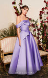 Mikado A-line midi dress with off-shoulder design and ruched detailing for stylish occasions. | Couture Shop LA