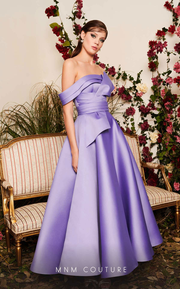 Mikado A-line midi dress with off-shoulder design and ruched detailing for stylish occasions. | Couture Shop LA