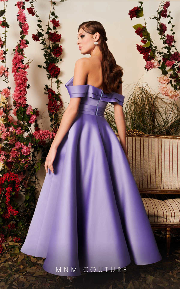 Mikado A-line midi dress with off-shoulder design and ruched detailing for stylish occasions. | Couture Shop LA