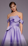 Mikado A-line midi dress with off-shoulder design and ruched detailing for stylish occasions. | Couture Shop LA