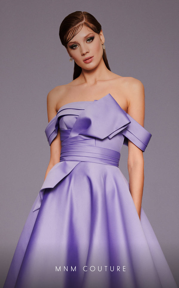 Mikado A-line midi dress with off-shoulder design and ruched detailing for stylish occasions. | Couture Shop LA
