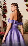 Mikado A-line midi dress with off-shoulder design and ruched detailing for stylish occasions. | Couture Shop LA