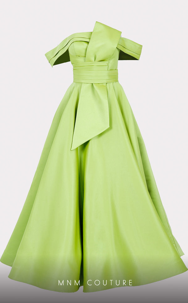 Mikado A-line midi dress with off-shoulder design and ruched detailing for stylish occasions. | Couture Shop LA