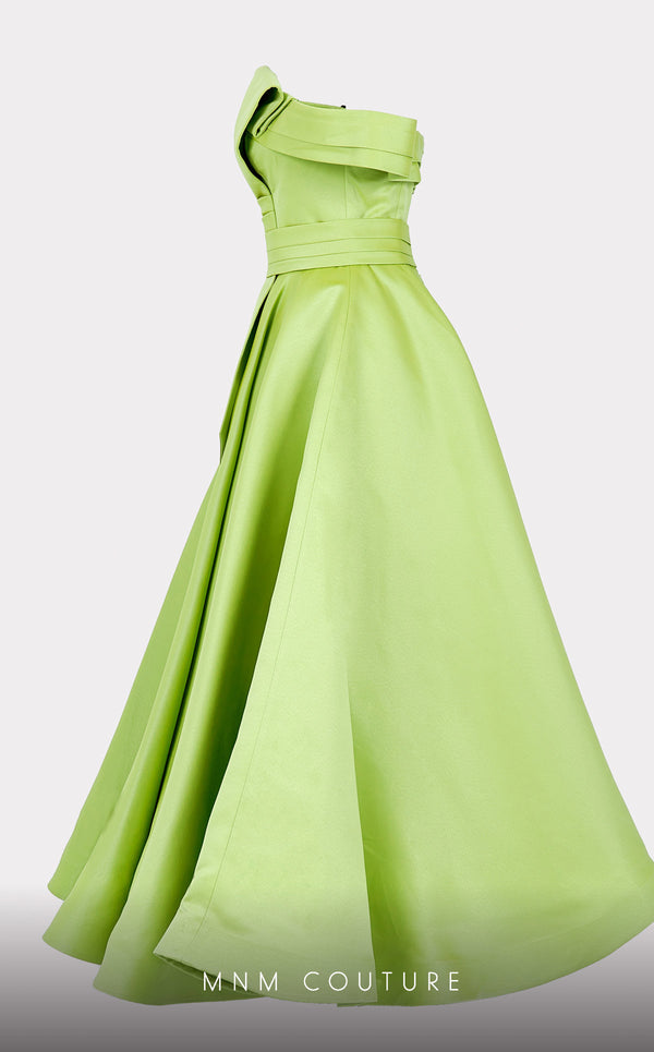 Mikado A-line midi dress with off-shoulder design and ruched detailing for stylish occasions. | Couture Shop LA