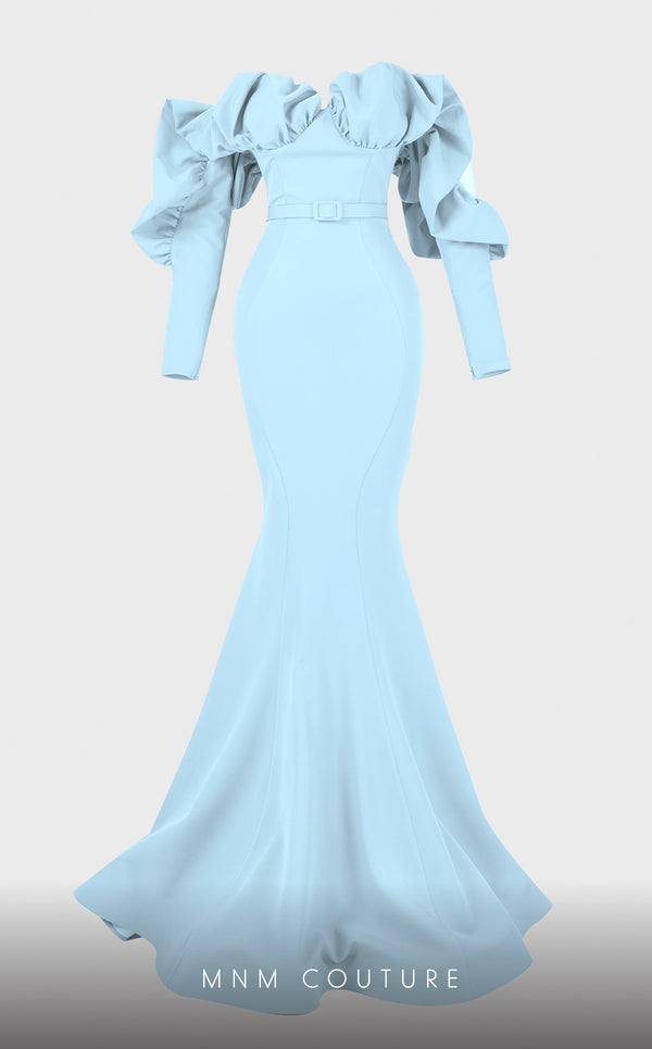 Strapless crepe mermaid gown with belt detail emphasizing the waistline for formal elegance. | Couture Shop LA