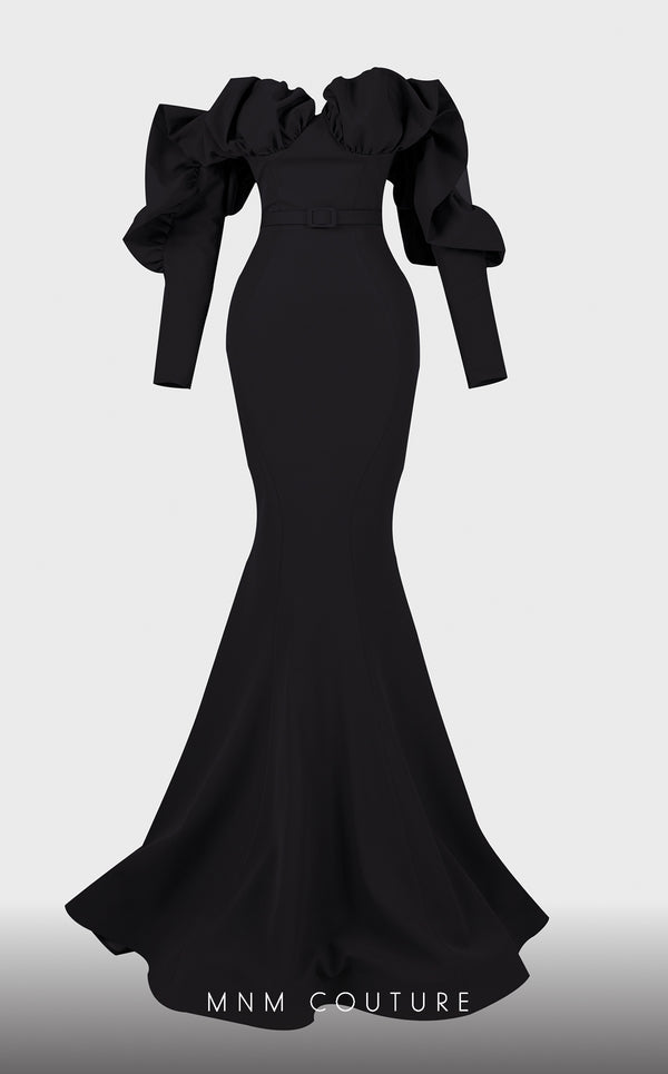Strapless crepe mermaid gown with belt detail emphasizing the waistline for formal elegance. | Couture Shop LA