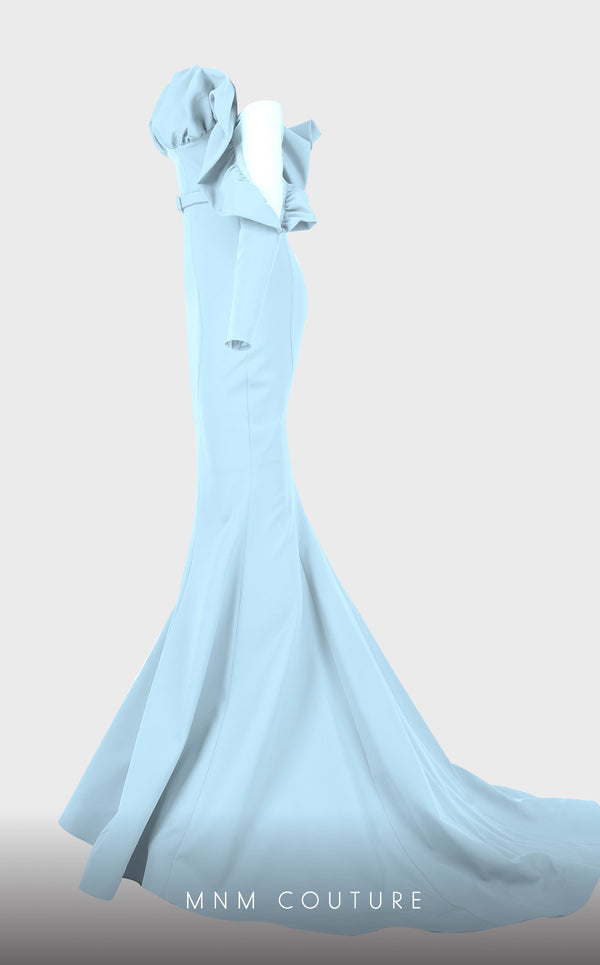 Strapless crepe mermaid gown with belt detail emphasizing the waistline for formal elegance. | Couture Shop LA