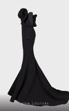 Strapless crepe mermaid gown with belt detail emphasizing the waistline for formal elegance. | Couture Shop LA