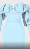 Strapless crepe mermaid gown with belt detail emphasizing the waistline for formal elegance. | Couture Shop LA