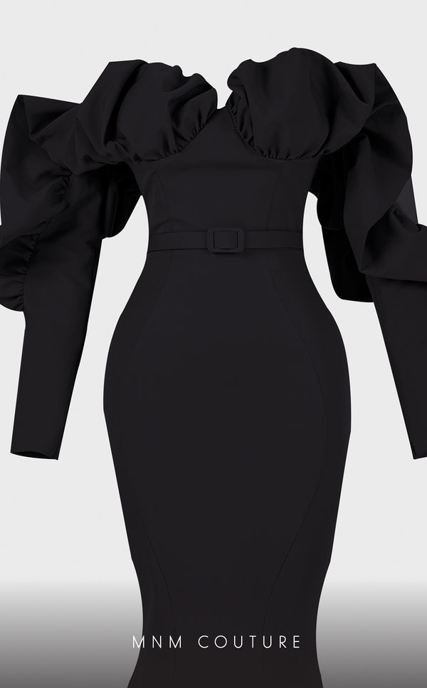 Strapless crepe mermaid gown with belt detail emphasizing the waistline for formal elegance. | Couture Shop LA