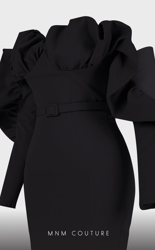 Strapless crepe mermaid gown with belt detail emphasizing the waistline for formal elegance. | Couture Shop LA