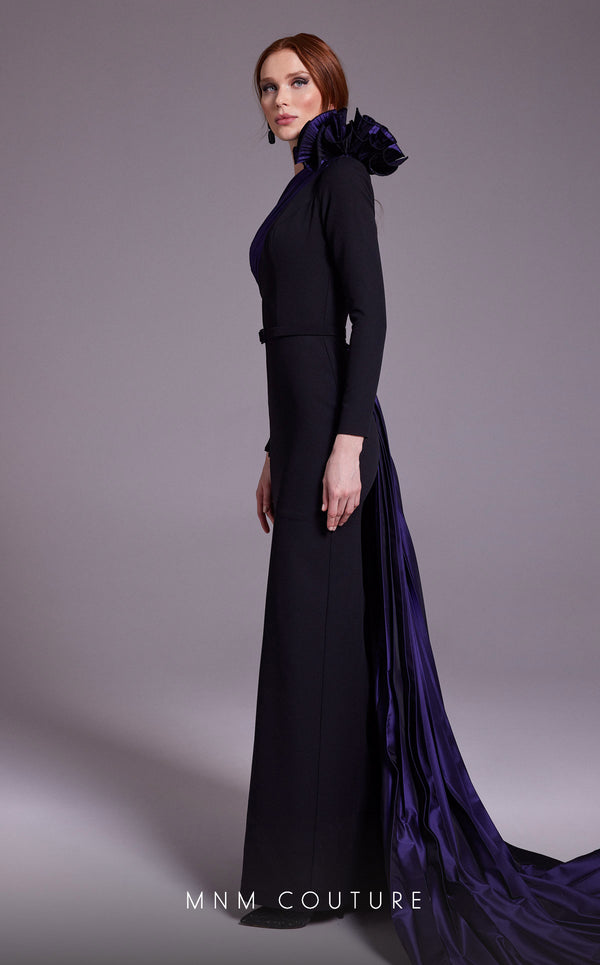 MNM Couture N0529 sheath floral gown with metallic sash and pleated accents. | Couture Shop LA