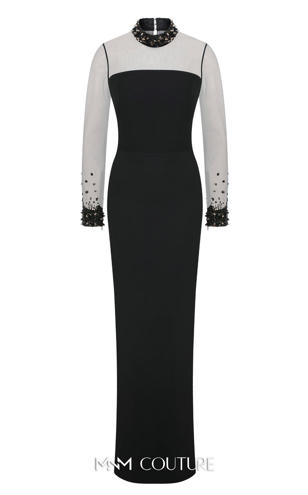 MNM Couture N0530 sheer sheath gown with beaded neck, long sleeves, and keyhole back. | Couture Shop LA