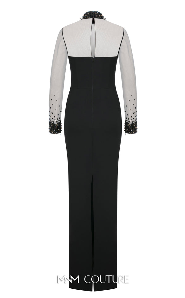 MNM Couture N0530 sheer sheath gown with beaded neck, long sleeves, and keyhole back. | Couture Shop LA