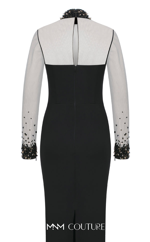 MNM Couture N0530 sheer sheath gown with beaded neck, long sleeves, and keyhole back. | Couture Shop LA