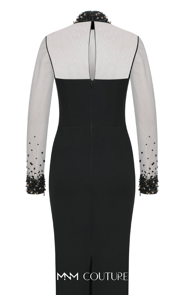 MNM Couture N0530 sheer sheath gown with beaded neck, long sleeves, and keyhole back. | Couture Shop LA