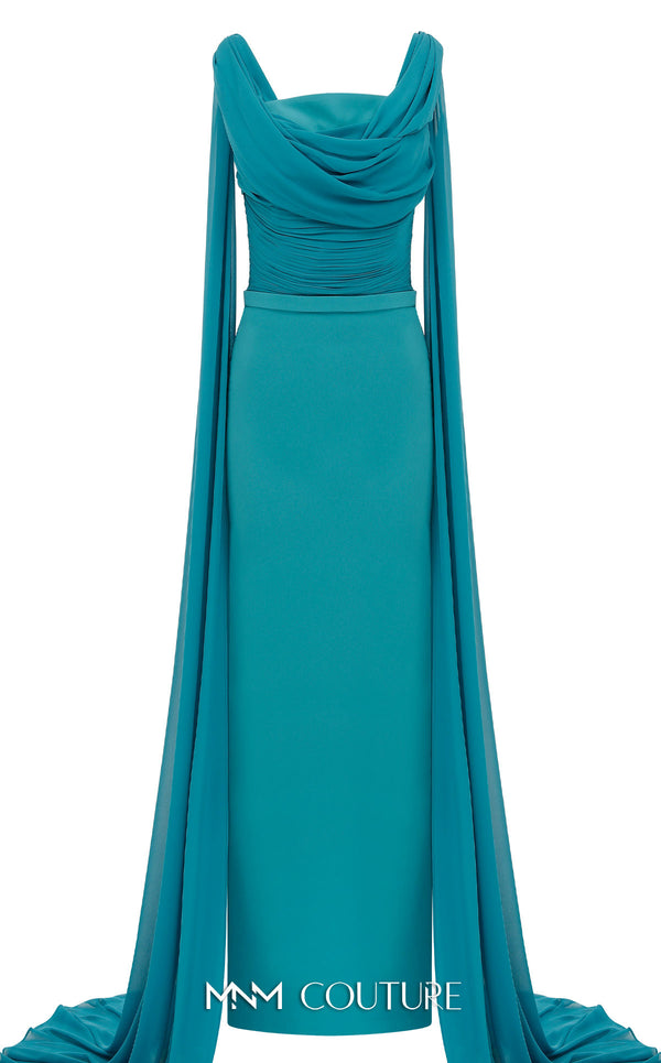 Bridesmaid Dress MNM Couture N0534 solid-tone ruched sheath gown with long shoulder drape. | Couture Shop LA
