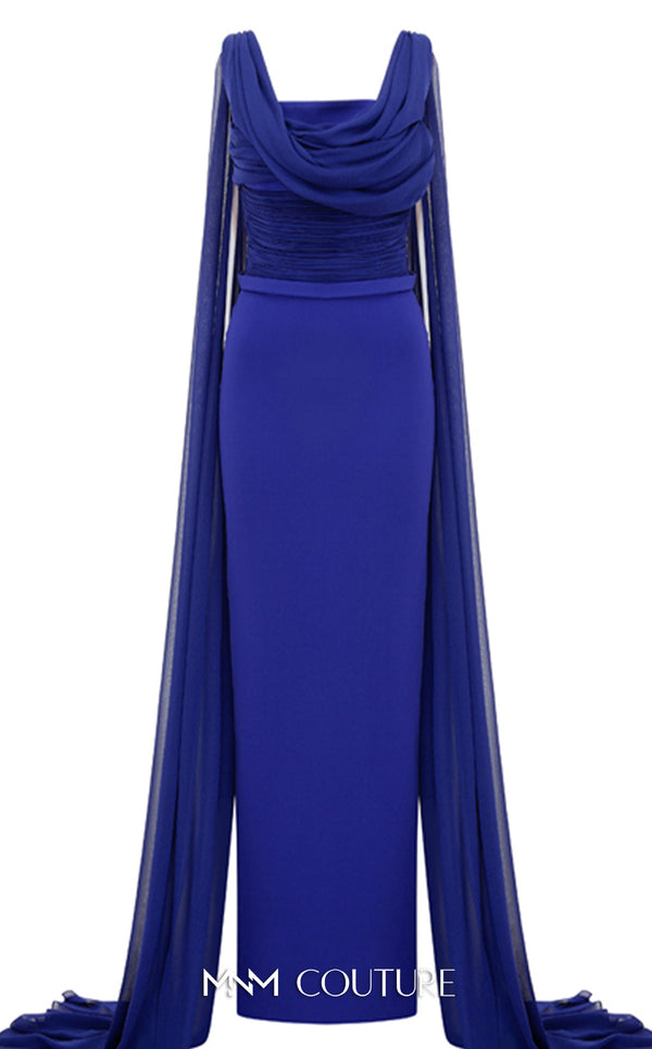 Bridesmaid Dress MNM Couture N0534 solid-tone ruched sheath gown with long shoulder drape. | Couture Shop LA