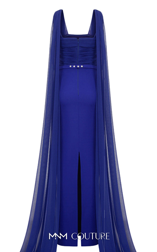 Bridesmaid Dress MNM Couture N0534 solid-tone ruched sheath gown with long shoulder drape. | Couture Shop LA