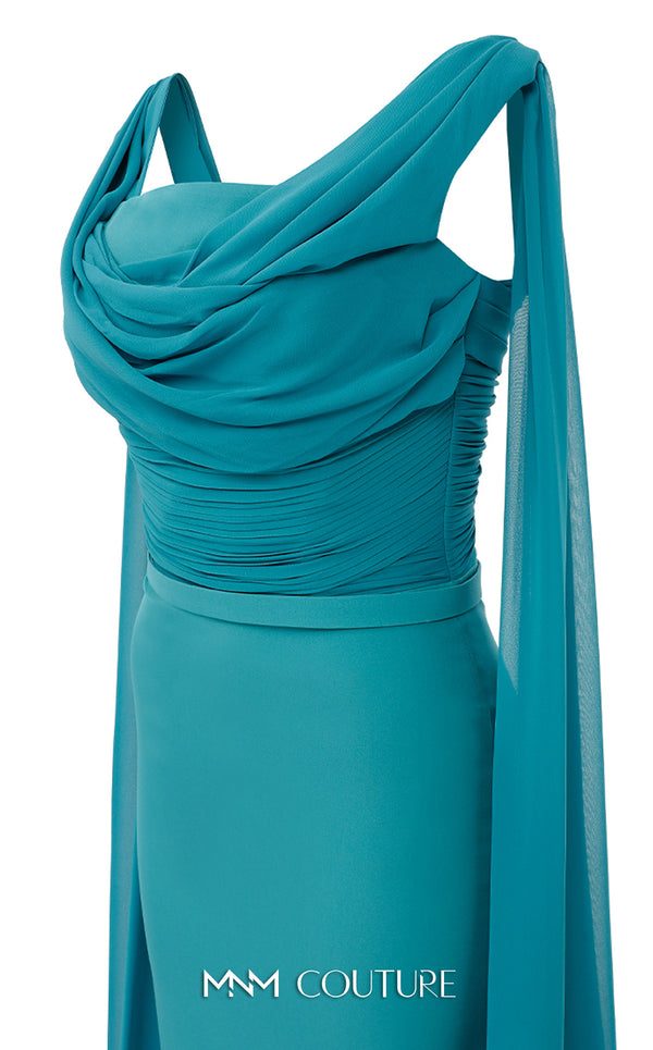 Bridesmaid Dress MNM Couture N0534 solid-tone ruched sheath gown with long shoulder drape. | Couture Shop LA