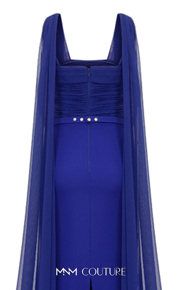 Bridesmaid Dress MNM Couture N0534 solid-tone ruched sheath gown with long shoulder drape. | Couture Shop LA