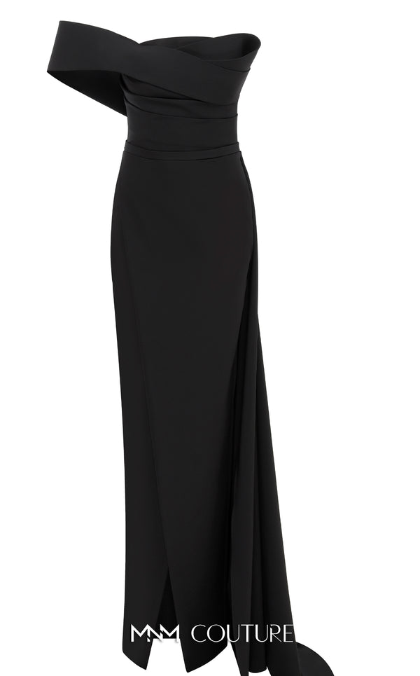 MNM Couture N0535 sarong gown with asymmetric sleeve and draping. | Couture Shop LA