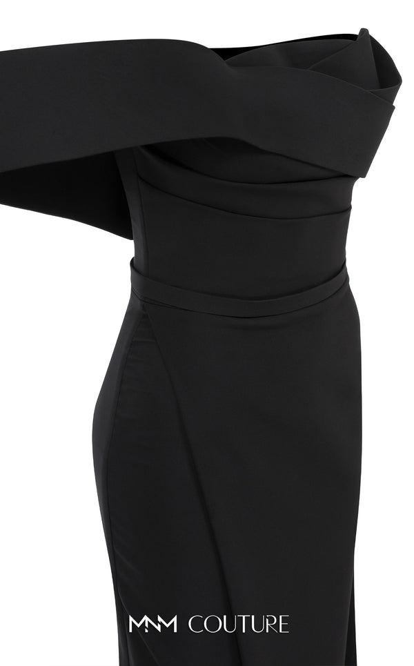 MNM Couture N0535 sarong gown with asymmetric sleeve and draping. | Couture Shop LA