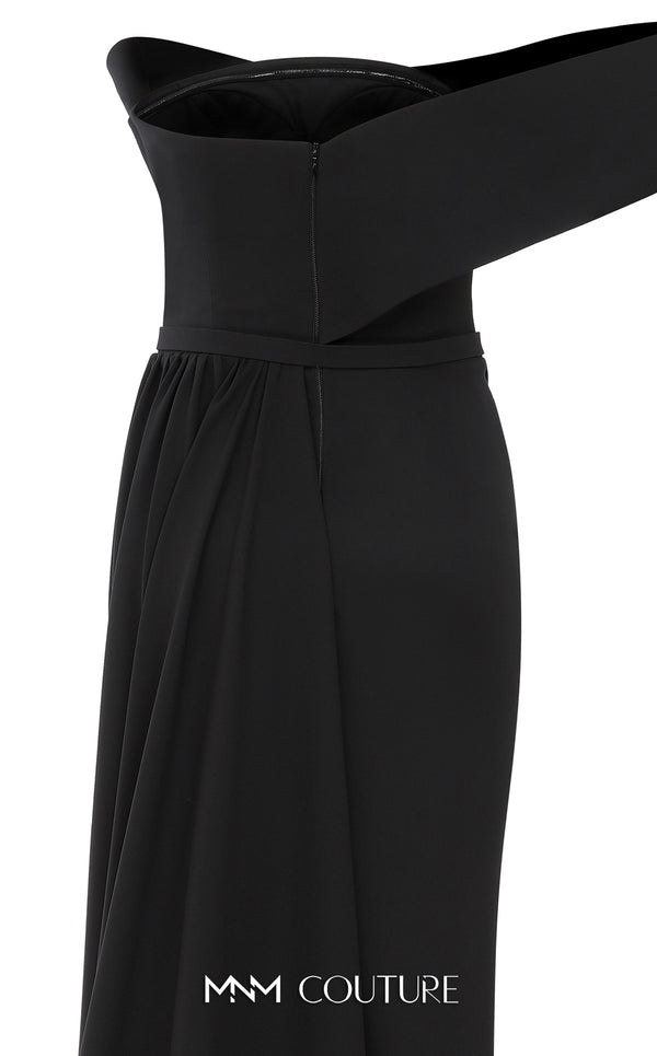 MNM Couture N0535 sarong gown with asymmetric sleeve and draping. | Couture Shop LA
