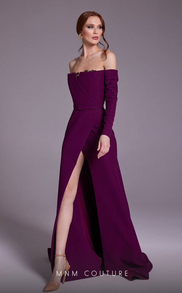 MNM Couture N0541 off-shoulder gown with corset and slit. | Couture Shop LA