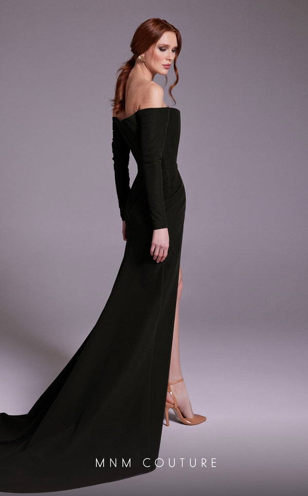 MNM Couture N0541 off-shoulder gown with corset and slit. | Couture Shop LA
