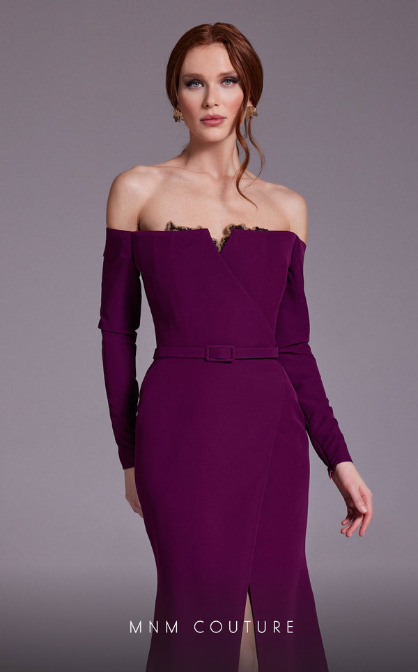 MNM Couture N0541 off-shoulder gown with corset and slit. | Couture Shop LA