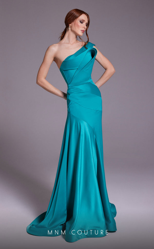 MNM Couture N0543 strapless satin silk mermaid gown with drape accent and tonal belt.